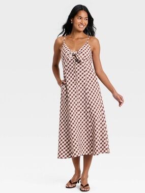 A New Day Women's Sleeveless Bow-Front Midi A-Line Dress -Brn Gingham XS, S or M